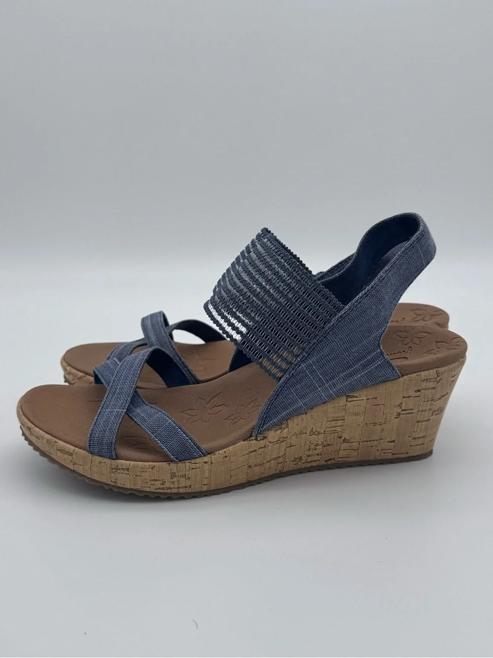 Skechers Beverlee High Tea Navy Wedge Sandals Size 9 Like New